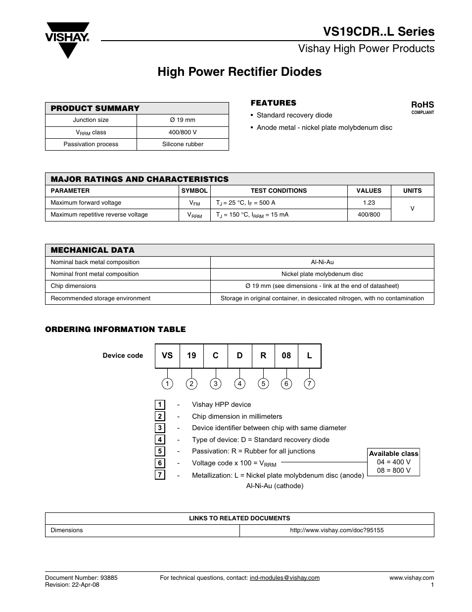 High power rectifier diodes vs19cdr..l series, Vishay high power products, Rohs | C&H Technology VS19CDR..L Series User Manual | Page 2 / 2