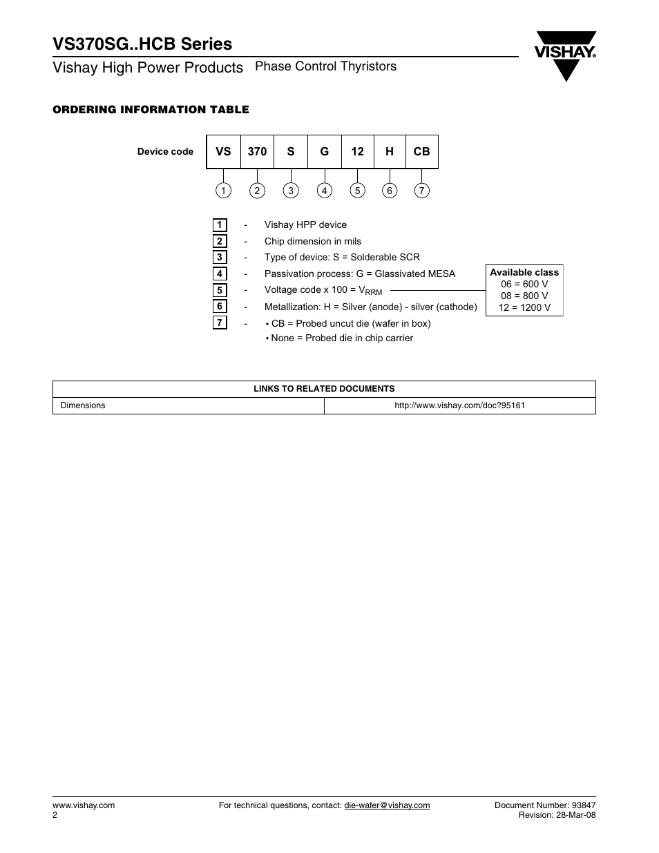 Vs370sg..hcb series, Vishay high power products, Phase control thyristors | C&H Technology VS370SG..HCB Series User Manual | Page 3 / 3