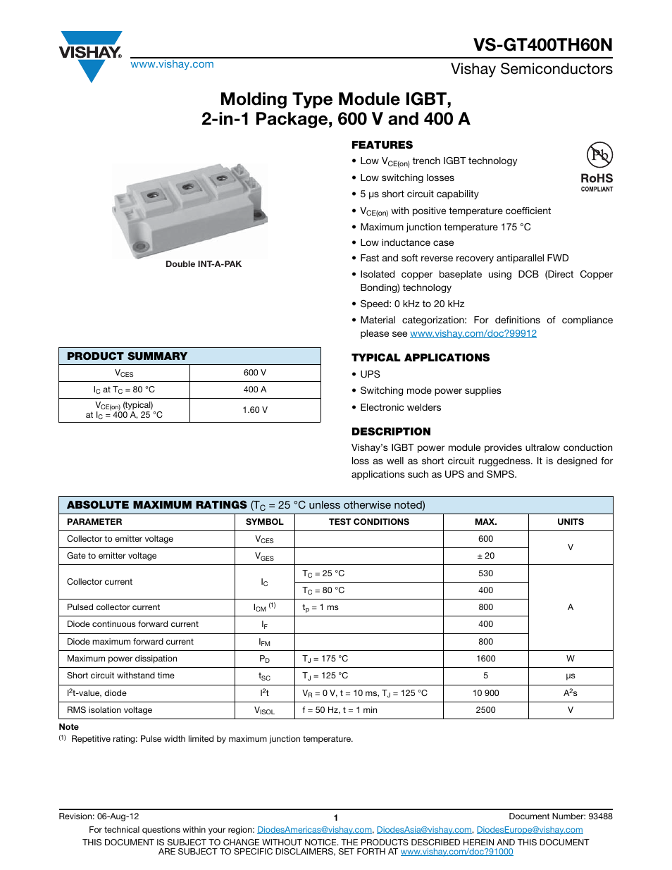 Vishay semiconductors | C&H Technology VS-GT400TH60N User Manual | Page 2 / 7