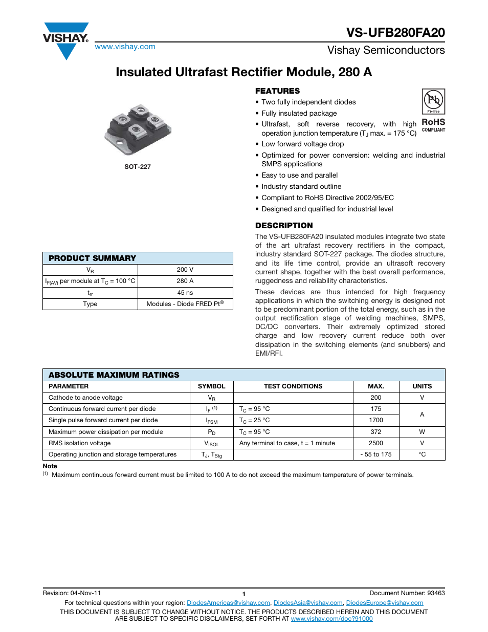 Insulated ultrafast rectifier module, 280 a, Vishay semiconductors | C&H Technology VS-UFB280FA20 User Manual | Page 2 / 9