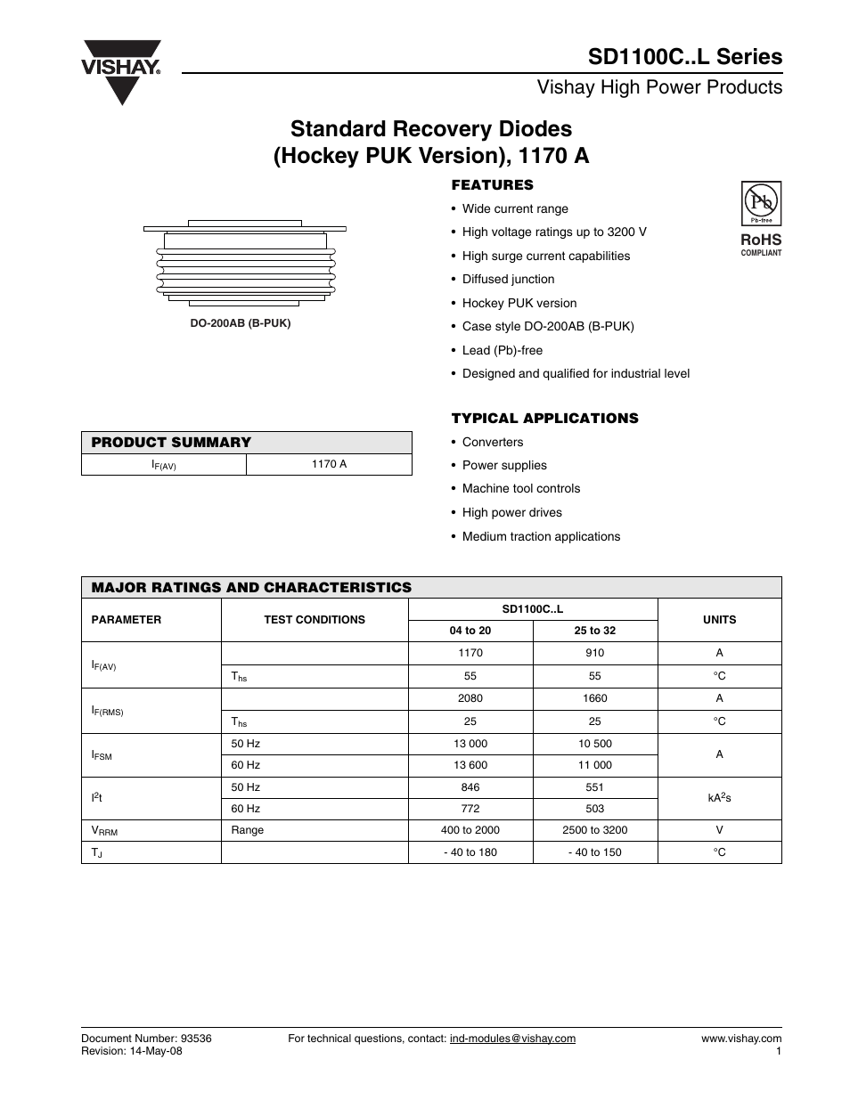 Datasheet, Vishay high power products, Rohs | C&H Technology SD1100C..L Series User Manual | Page 2 / 9