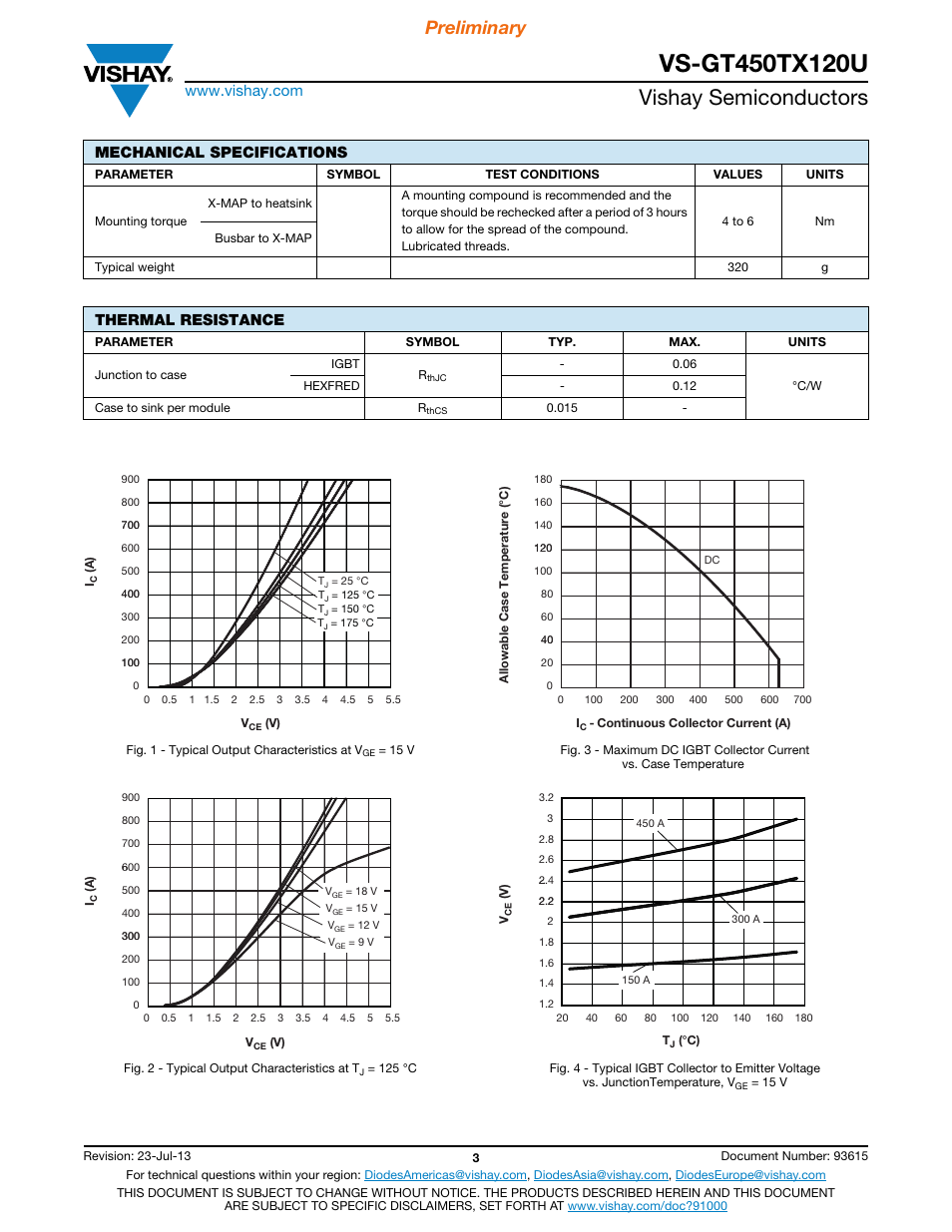 Vishay semiconductors, Preliminary, Mechanical specifications | Thermal resistance | C&H Technology VS-GT450TX120U User Manual | Page 4 / 8