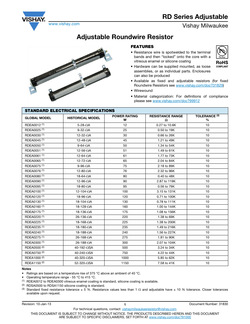 Rd series adjustable, Adjustable roundwire resistor, Vishay milwaukee | C&H Technology RD Series Adjustable User Manual | Page 2 / 5