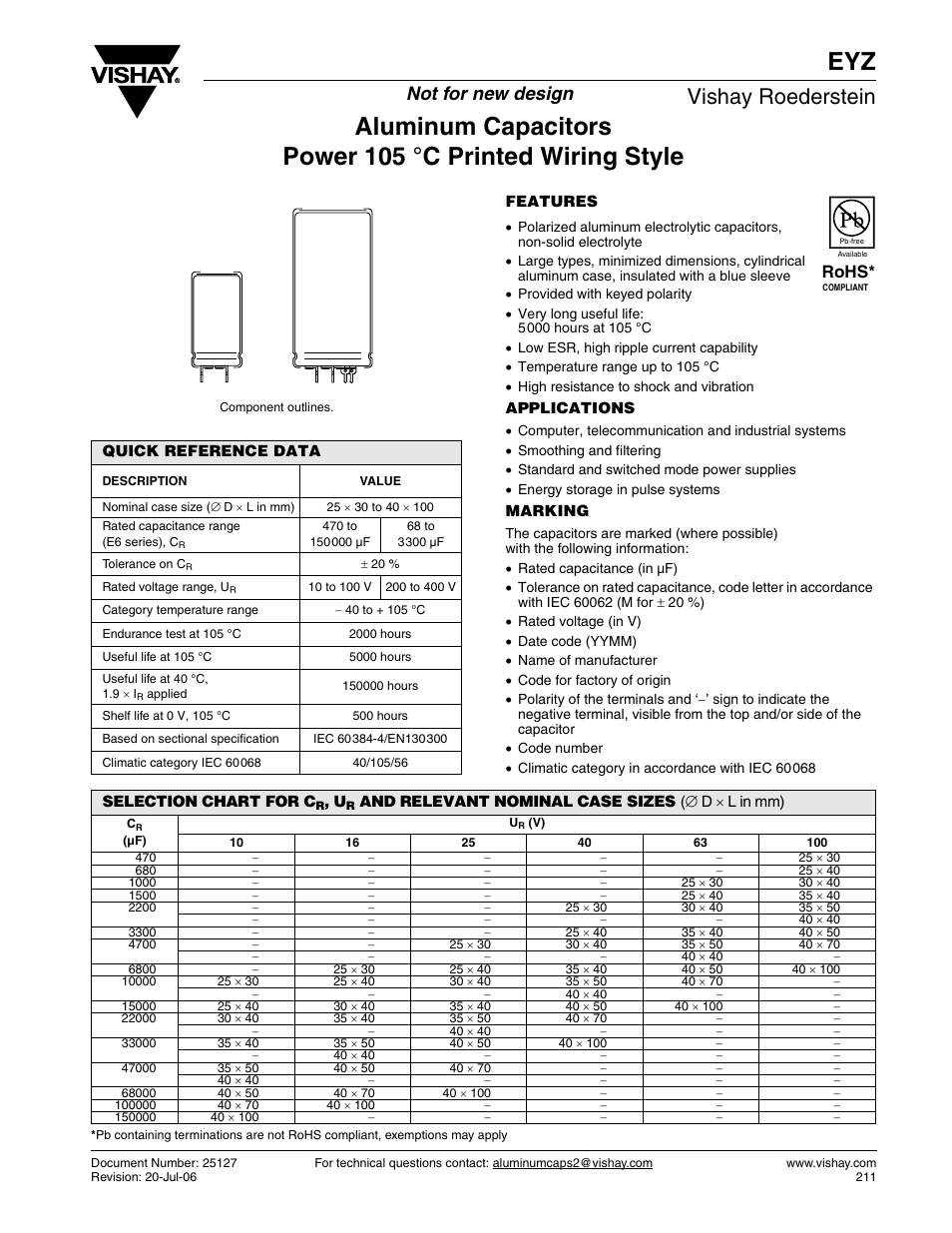 Vishay roederstein, Not for new design, Rohs | C&H Technology EYZ User Manual | Page 2 / 8