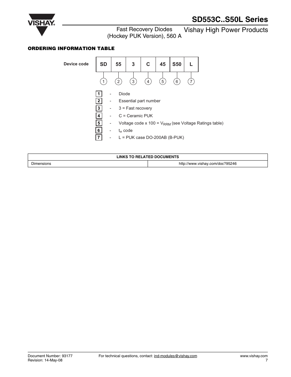 Vishay high power products, Fast recovery diodes (hockey puk version), 560 a | Vishay SD553C..S50L Series User Manual | Page 7 / 8