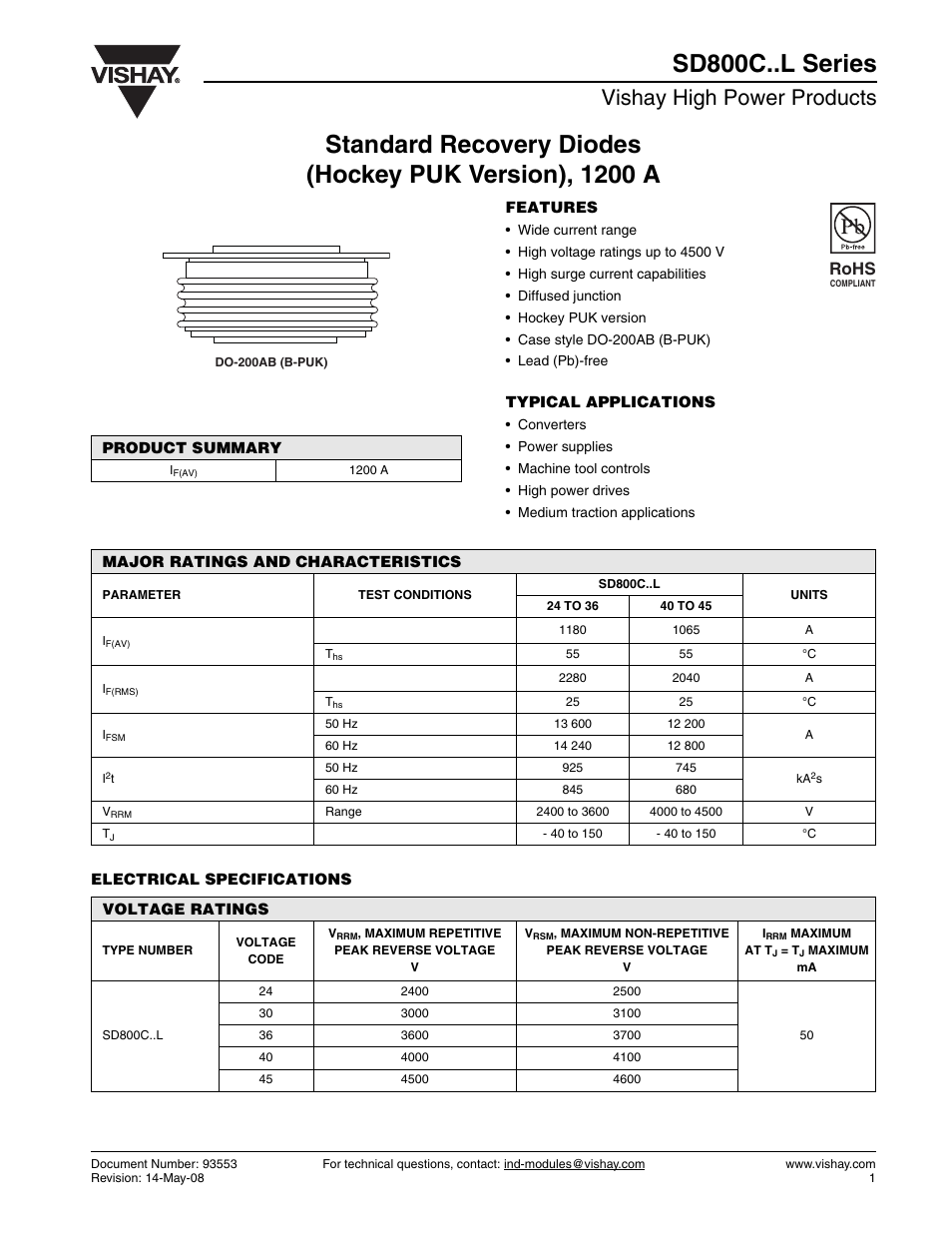 Datasheet, Vishay high power products, Rohs | C&H Technology SD800C..L Series User Manual | Page 2 / 8