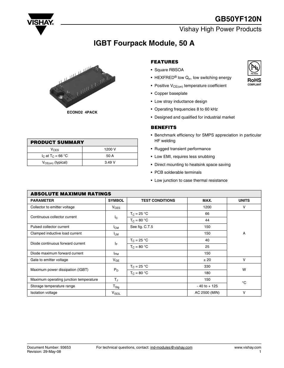 Datasheet, Vishay high power products, Rohs | C&H Technology GB50YF120N User Manual | Page 2 / 10