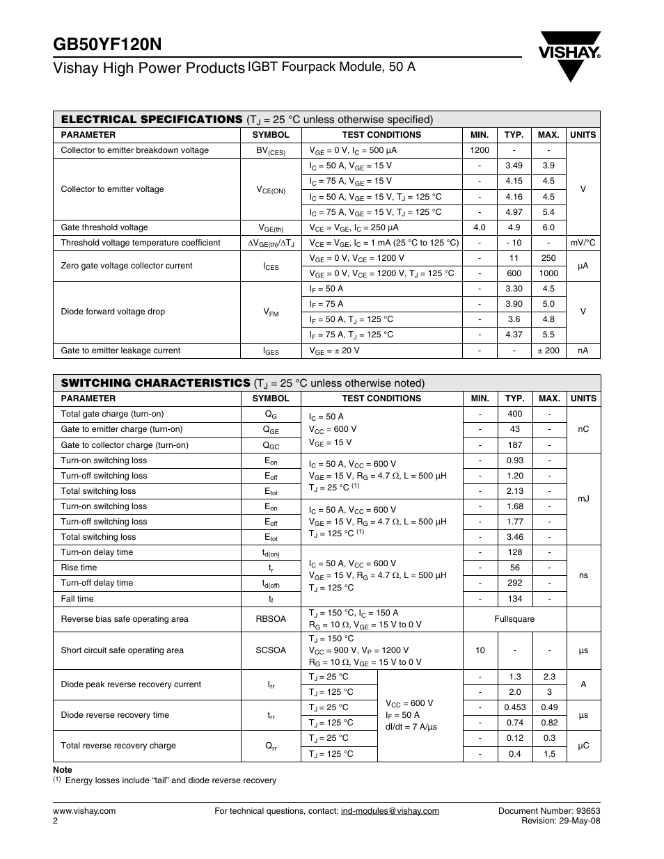 Vishay high power products, Igbt fourpack module, 50 a, Electrical specifications (t | 25 °c unless otherwise specified), Switching characteristics (t | C&H Technology GB50YF120N User Manual | Page 3 / 10