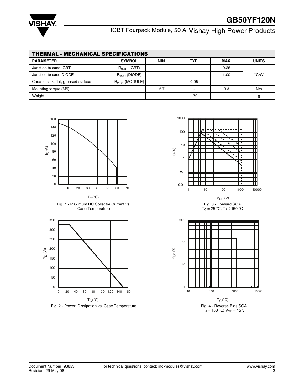 Vishay high power products, Igbt fourpack module, 50 a, Thermal - mechanical specifications | C&H Technology GB50YF120N User Manual | Page 4 / 10