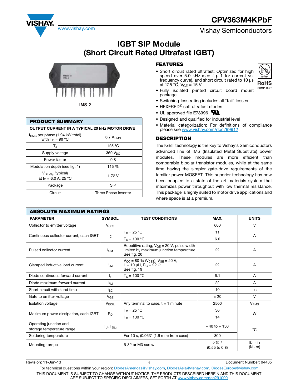 Cpv363m4kpbf, Vishay semiconductors, Rohs | C&H Technology CPV363M4KPbF User Manual | Page 2 / 12