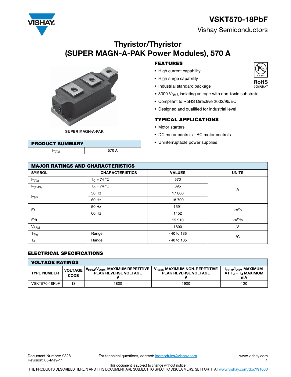 Datasheet, Vishay semiconductors | C&H Technology VSKT570-18PbF User Manual | Page 2 / 9