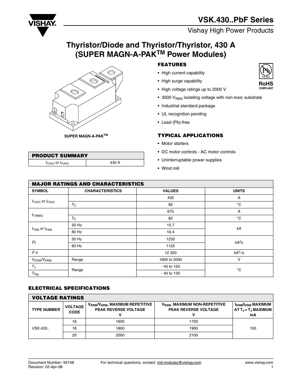 Power modules) vsk.430..pbf series, Vishay high power products, Rohs | C&H Technology VSK.430..PbF Series User Manual | Page 2 / 8