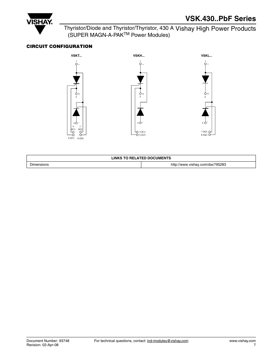 Vsk.430..pbf series, Vishay high power products, Power modules) | Circuit configuration | C&H Technology VSK.430..PbF Series User Manual | Page 8 / 8