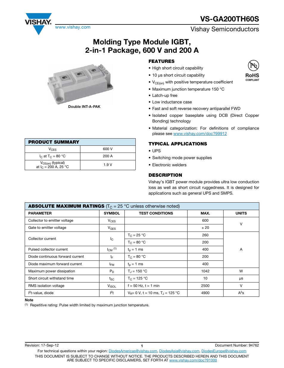 Vishay semiconductors | C&H Technology VS-GA200TH60S User Manual | Page 2 / 7