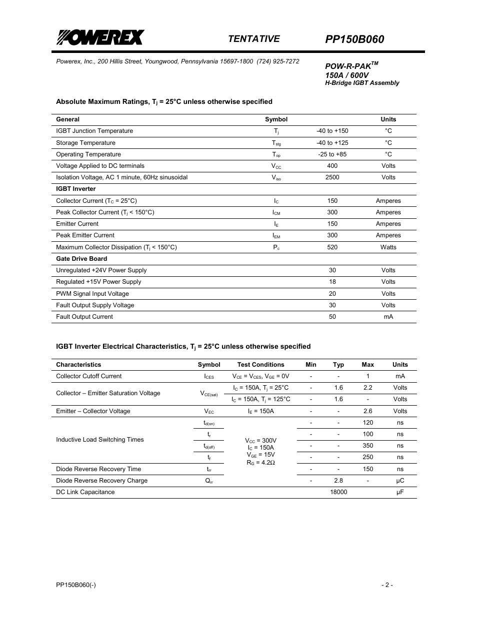 Igbt inverter, Gate drive board, Tentative | Pow-r-pak | C&H Technology PP150B060 User Manual | Page 3 / 8