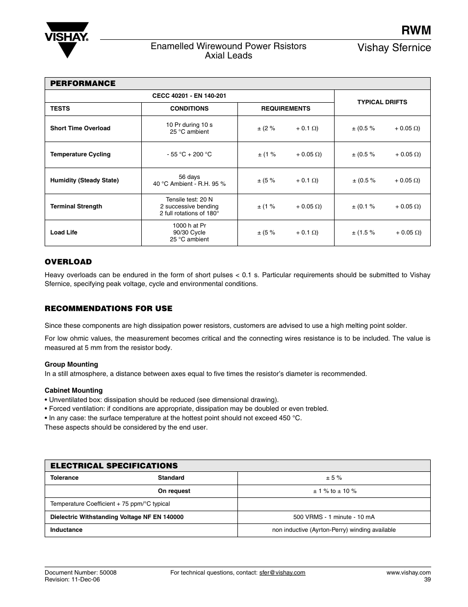 Vishay sfernice, Enamelled wirewound power rsistors axial leads | C&H Technology RWM User Manual | Page 3 / 4