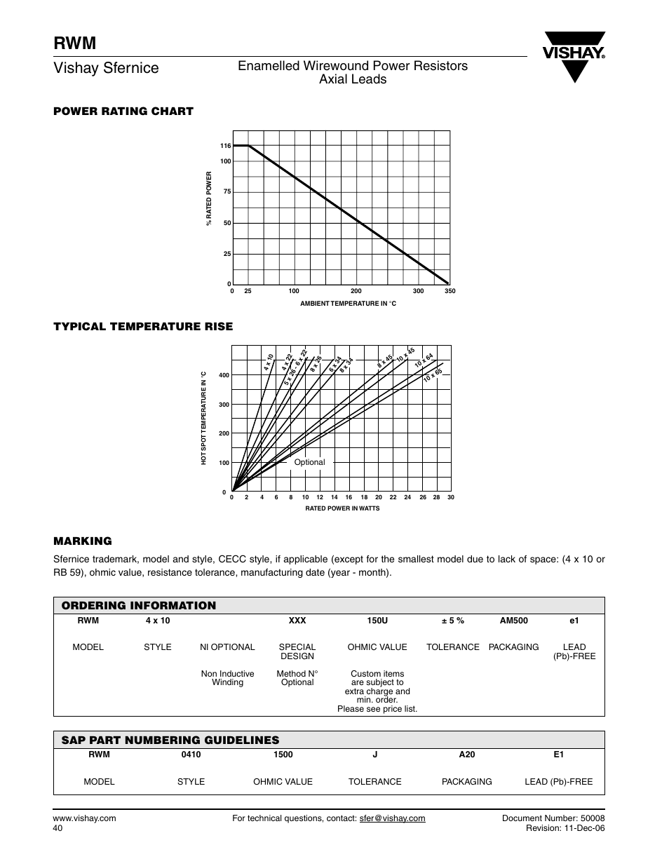 Vishay sfernice, Enamelled wirewound power resistors axial leads, Ordering information | Sap part numbering guidelines | C&H Technology RWM User Manual | Page 4 / 4