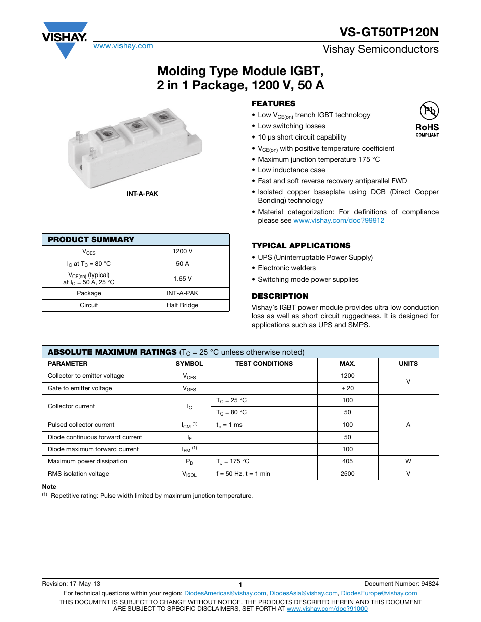 Vishay semiconductors | C&H Technology VS-GT50TP120N User Manual | Page 2 / 7