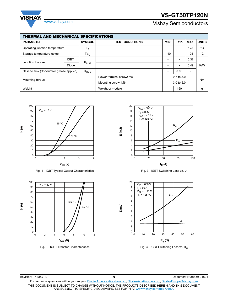 Vishay semiconductors, Thermal and mechanical specifications | C&H Technology VS-GT50TP120N User Manual | Page 4 / 7