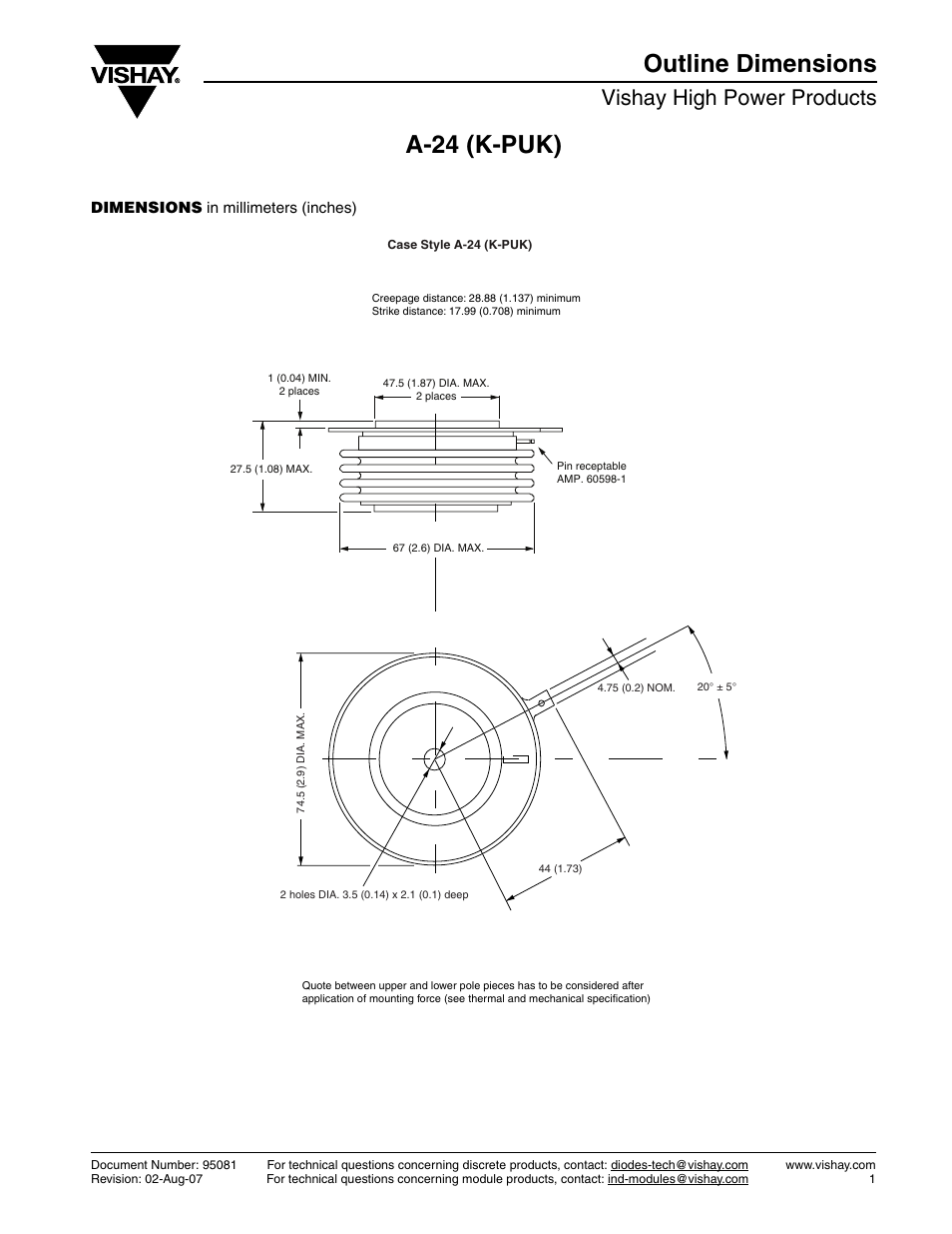 A-24 (k-puk) outline dimensions, Vishay high power products | C&H Technology ST1280C..K Series User Manual | Page 8 / 8
