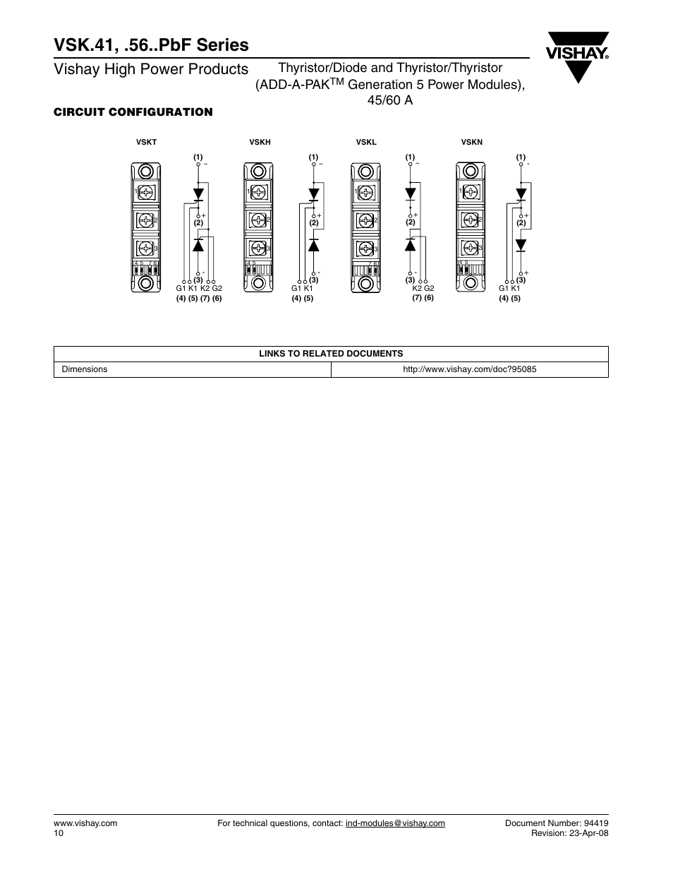 Vsk.41, .56..pbf series, Vishay high power products, Thyristor/diode and thyristor/thyristor (add-a-pak | Circuit configuration | C&H Technology VSK.56..PbF Series User Manual | Page 11 / 12