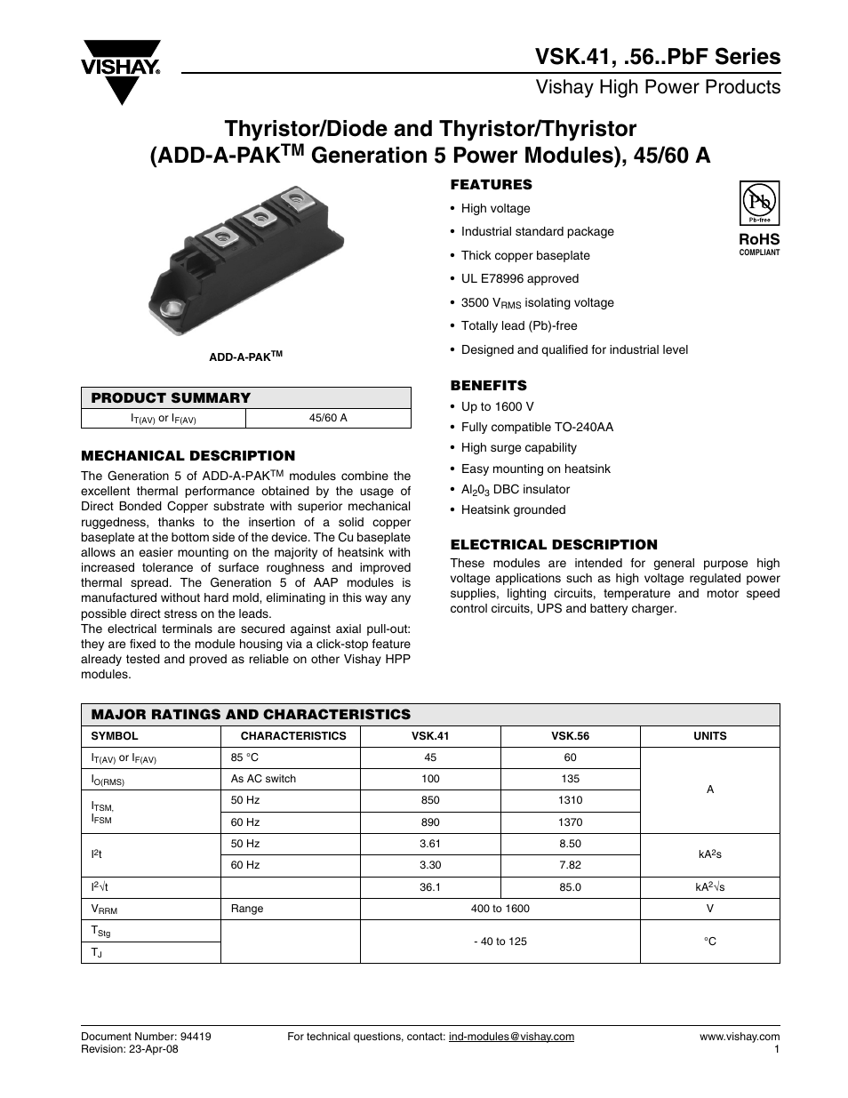 Thyristor/diode and thyristor/thyristor (add-a-pak, Vsk.41, .56..pbf series, Vishay high power products | Rohs | C&H Technology VSK.56..PbF Series User Manual | Page 2 / 12