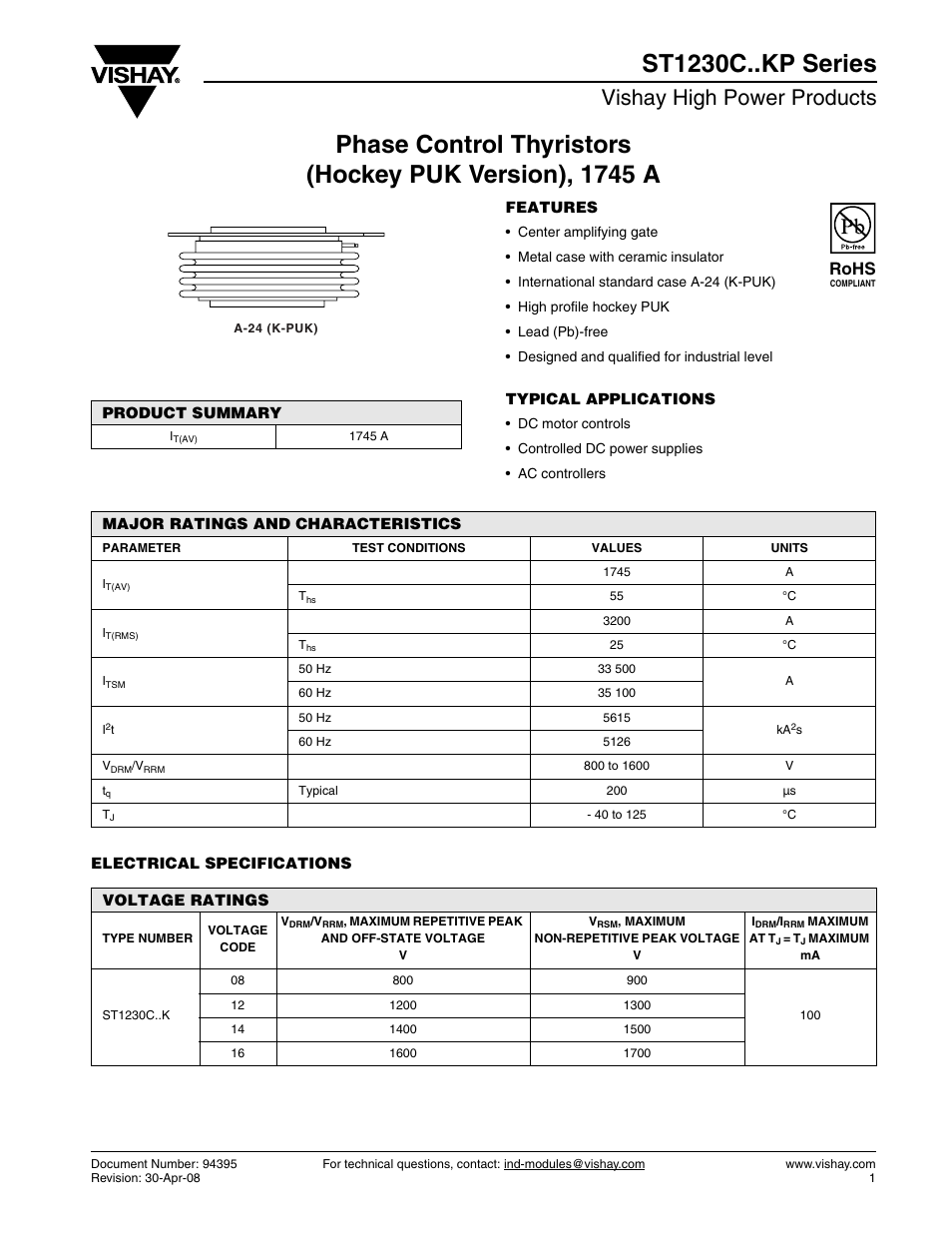 Vishay high power products, Rohs | C&H Technology ST1230C..KP Series User Manual | Page 2 / 8