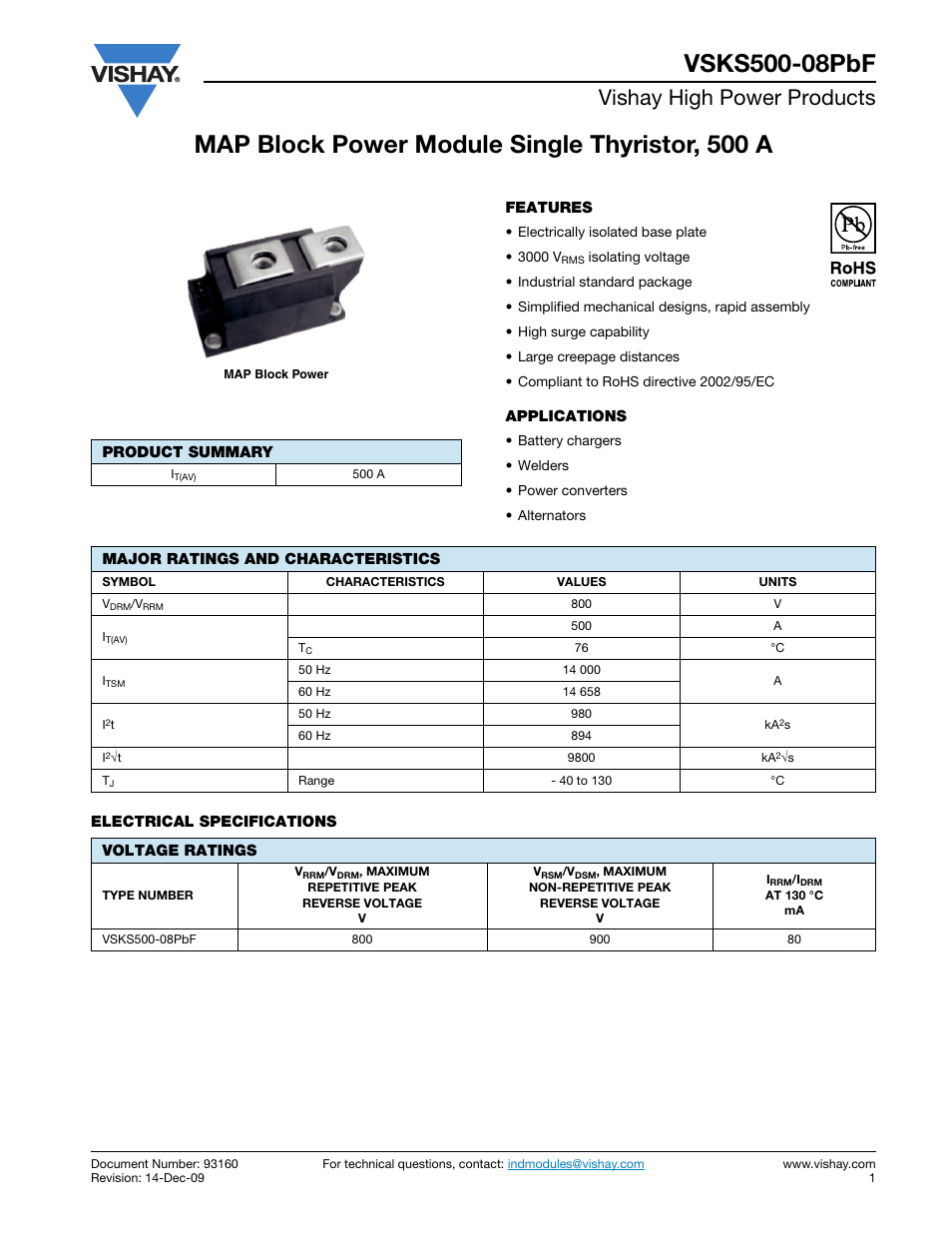 Datasheet, Vishay high power products | C&H Technology VSKS500-08PbF User Manual | Page 2 / 9