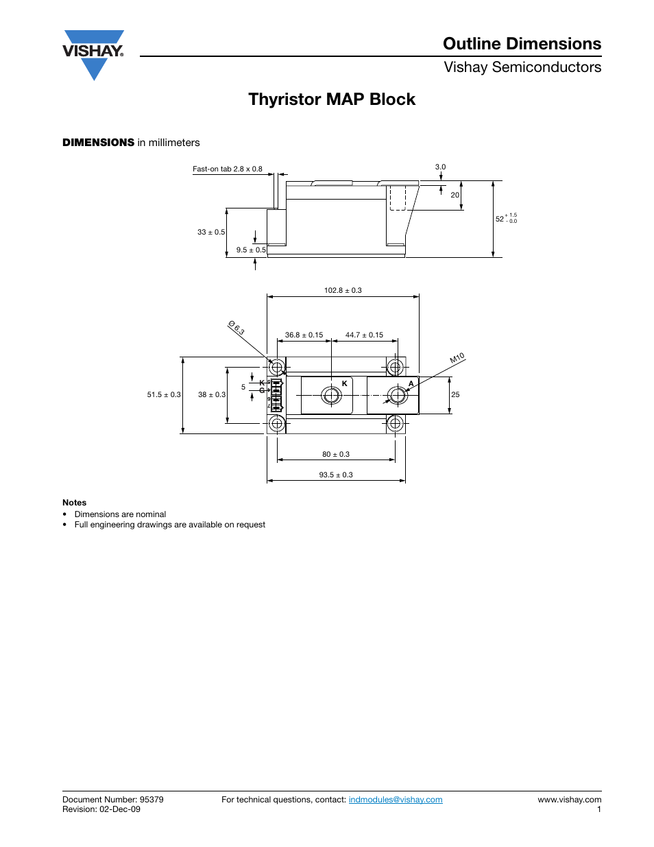 Package drawings - 95379, Thyristor map block outline dimensions, Vishay semiconductors | Dimensions in millimeters | C&H Technology VSKS500-08PbF User Manual | Page 8 / 9