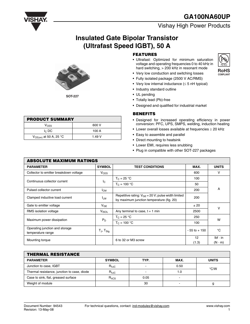Datasheet, Vishay high power products, Rohs | C&H Technology GA100NA60UP User Manual | Page 2 / 10