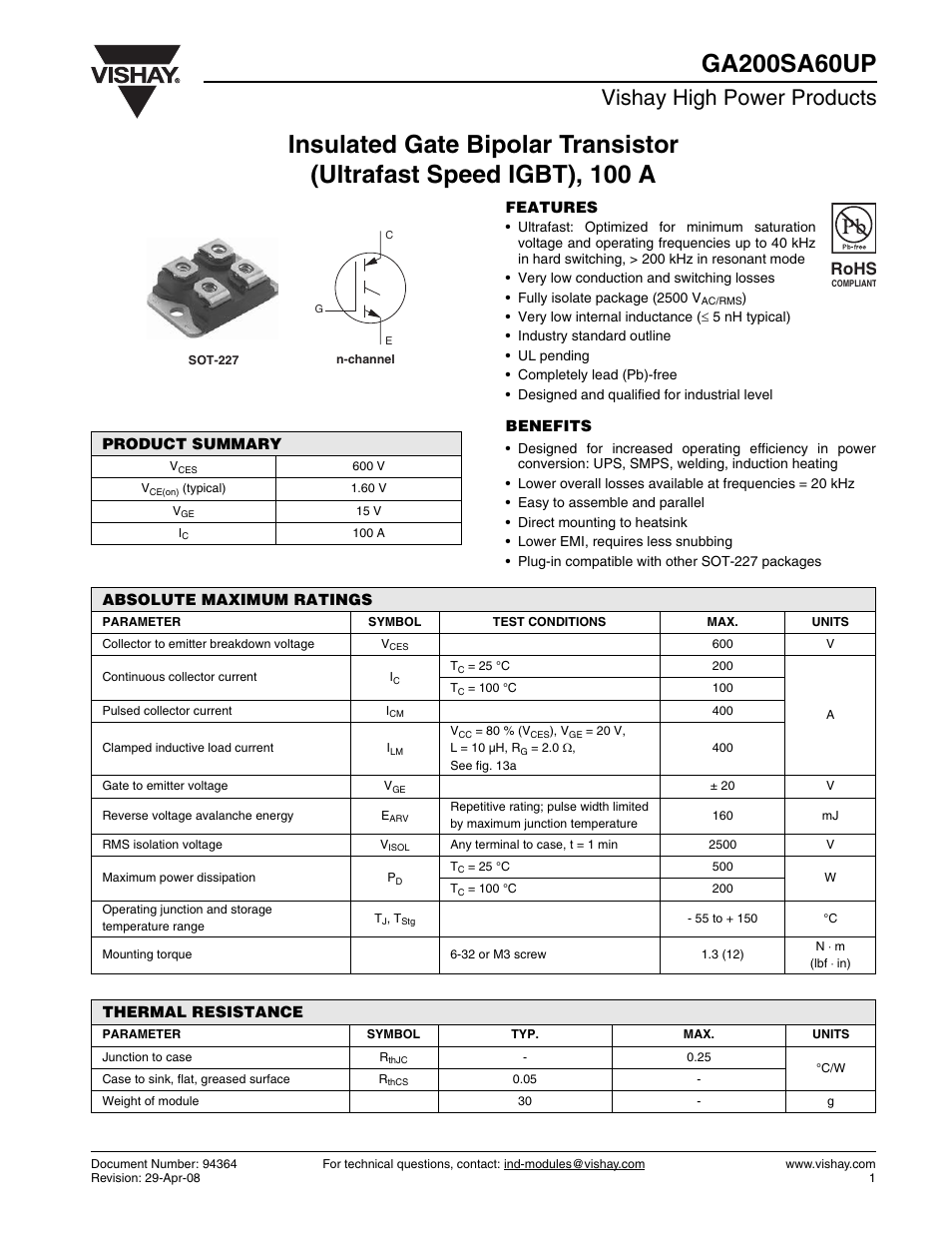 Vishay GA200SA60UP User Manual | 7 pages