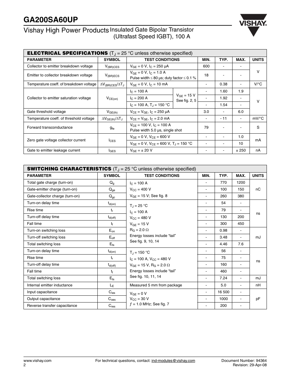 Vishay high power products, Electrical specifications (t, 25 °c unless otherwise specified) | Switching characteristics (t | Vishay GA200SA60UP User Manual | Page 2 / 7