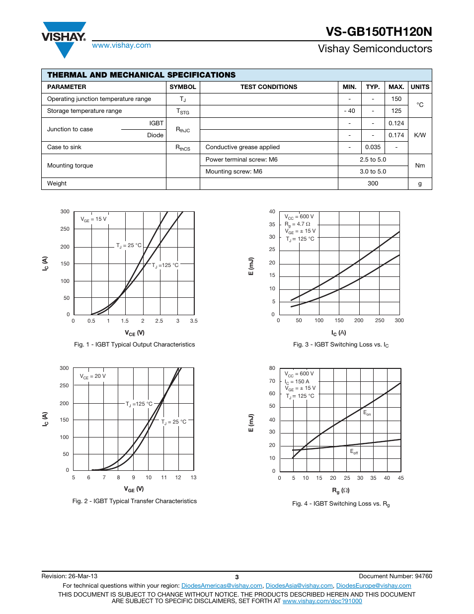 Vishay semiconductors, Thermal and mechanical specifications | C&H Technology VS-GB150TH120N User Manual | Page 4 / 7