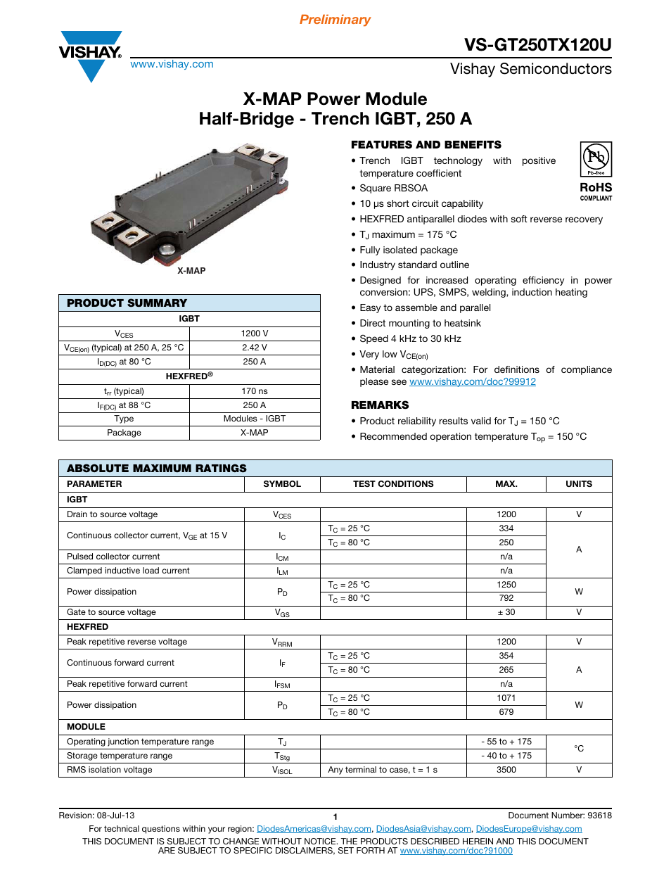 Vishay semiconductors, Preliminary | C&H Technology VS-GT250TX120U User Manual | Page 2 / 8