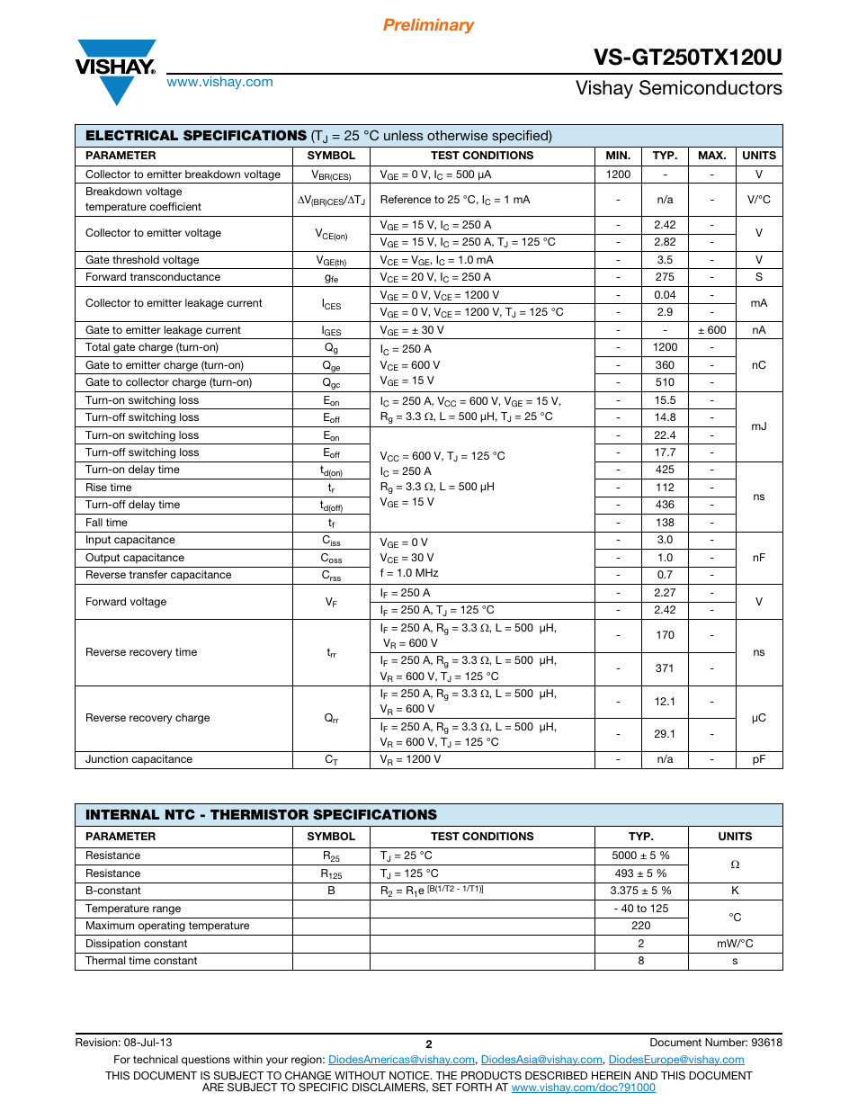 Vishay semiconductors, Preliminary, Electrical specifications (t | 25 °c unless otherwise specified), Internal ntc - thermistor specifications | C&H Technology VS-GT250TX120U User Manual | Page 3 / 8