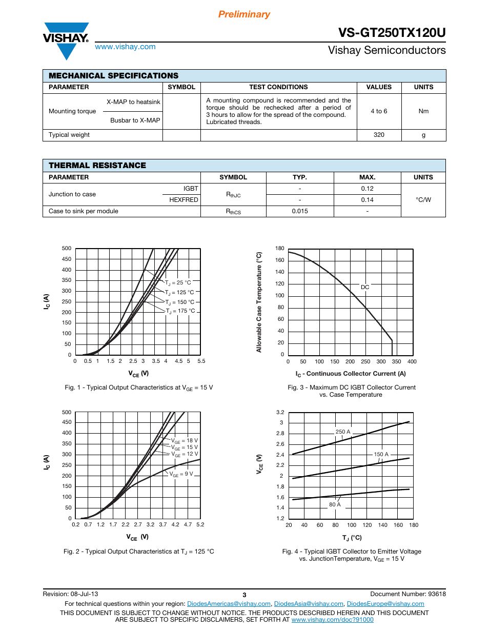 Vishay semiconductors, Preliminary, Mechanical specifications | Thermal resistance | C&H Technology VS-GT250TX120U User Manual | Page 4 / 8