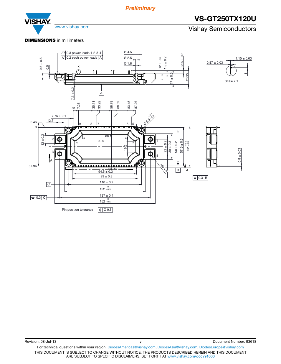 Vishay semiconductors, Preliminary, Dimensions in millimeters | C&H Technology VS-GT250TX120U User Manual | Page 8 / 8