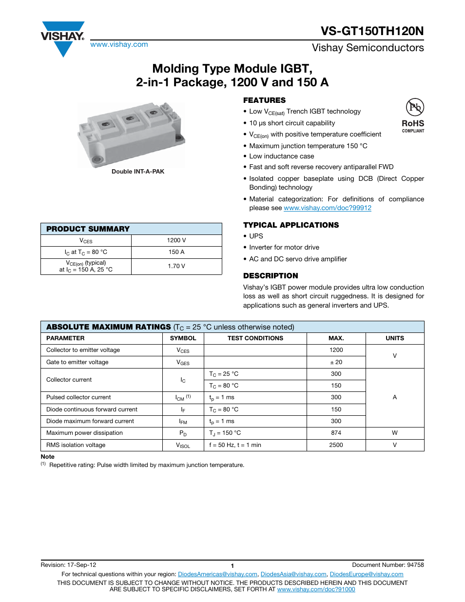 Vishay semiconductors | C&H Technology VS-GT150TH120N User Manual | Page 2 / 7