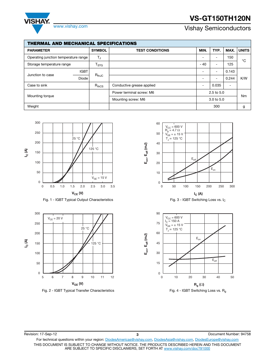 Vishay semiconductors, Thermal and mechanical specifications | C&H Technology VS-GT150TH120N User Manual | Page 4 / 7