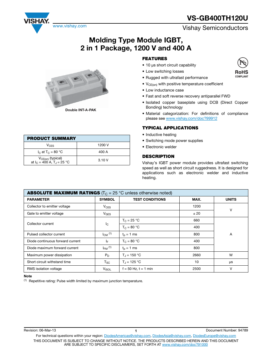 Vishay semiconductors | C&H Technology VS-GB400TH120U User Manual | Page 2 / 8