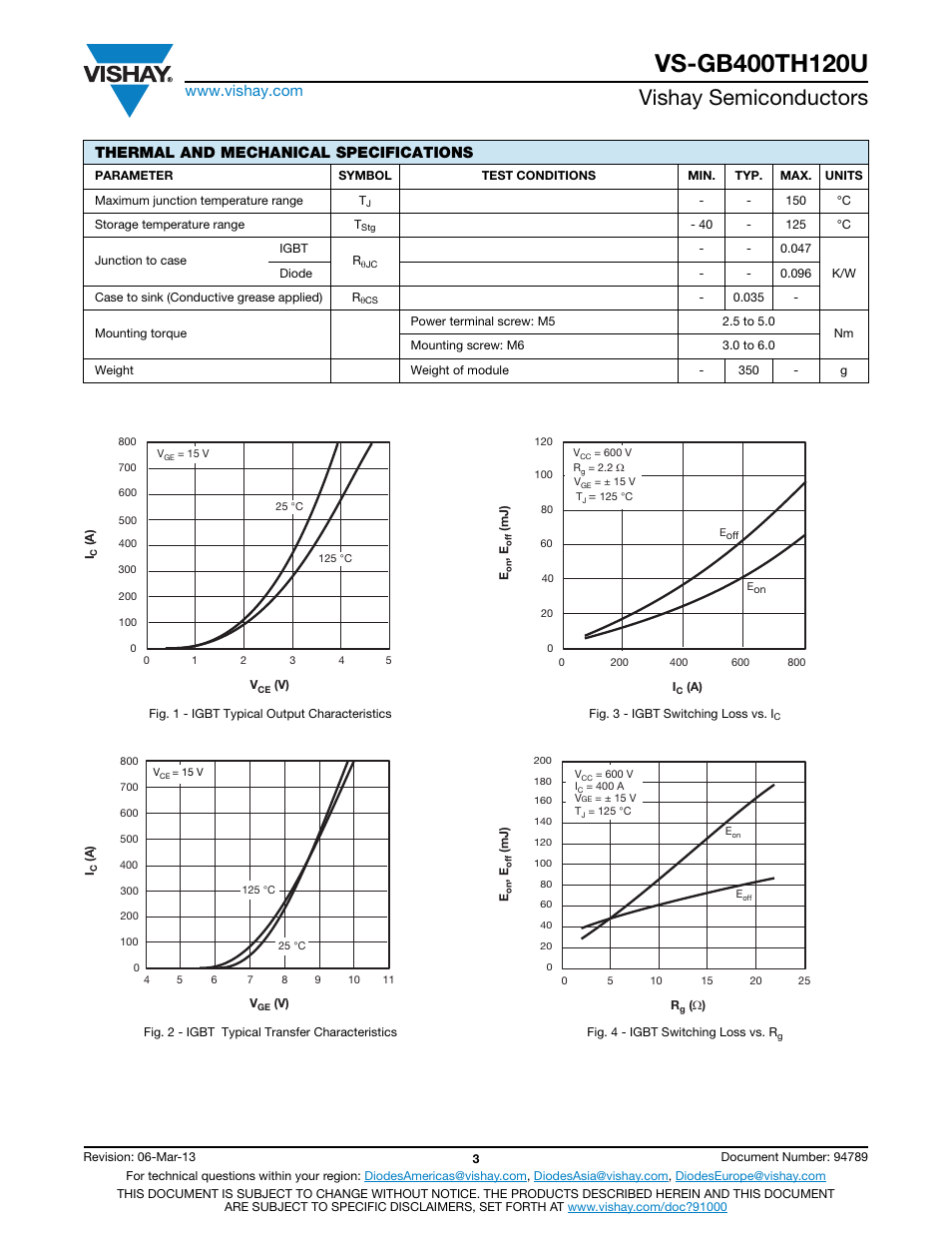 Vishay semiconductors, Thermal and mechanical specifications | C&H Technology VS-GB400TH120U User Manual | Page 4 / 8