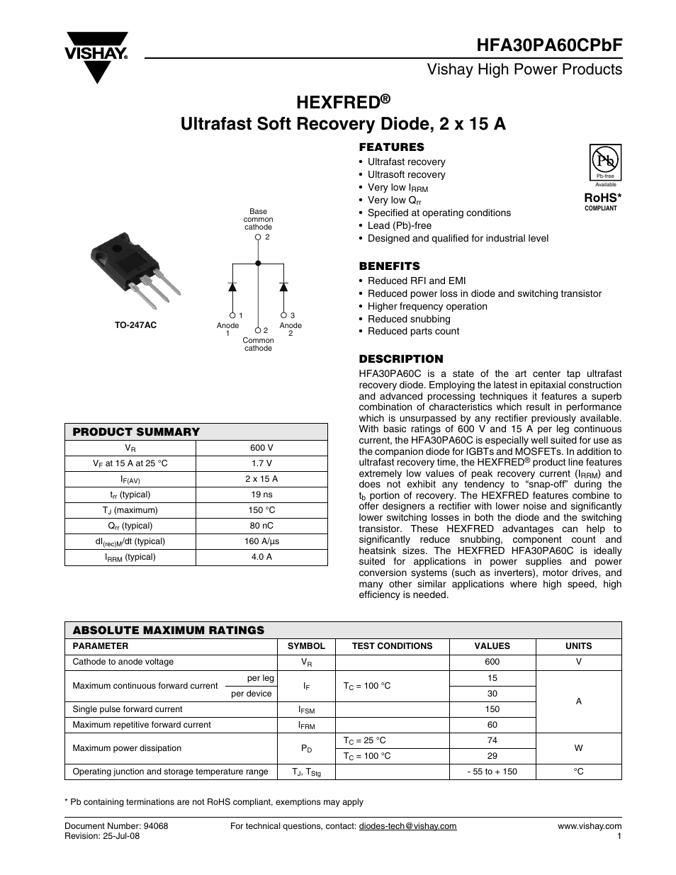 Vishay HFA30PA60CPbF User Manual | 7 pages