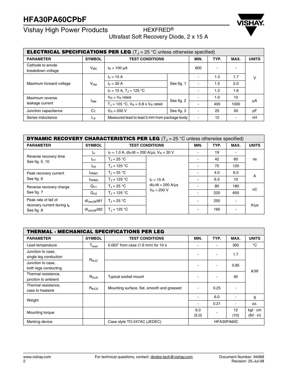 Hfa30pa60cpbf, Vishay high power products, Hexfred | Ultrafast soft recovery diode, 2 x 15 a | Vishay HFA30PA60CPbF User Manual | Page 2 / 7