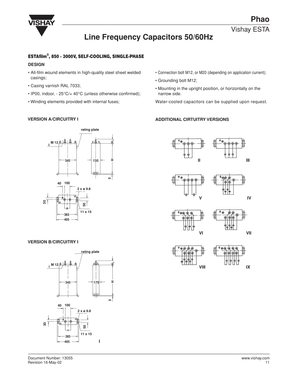 Phao, Line frequency capacitors 50/60hz, Vishay esta | C&H Technology Phao User Manual | Page 2 / 3