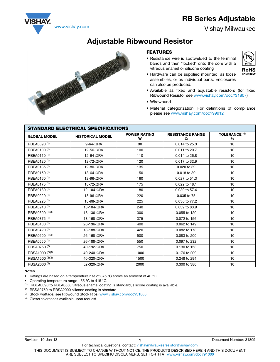 Rb series adjustable, Adjustable ribwound resistor, Vishay milwaukee | C&H Technology RB Series Adjustable User Manual | Page 2 / 5