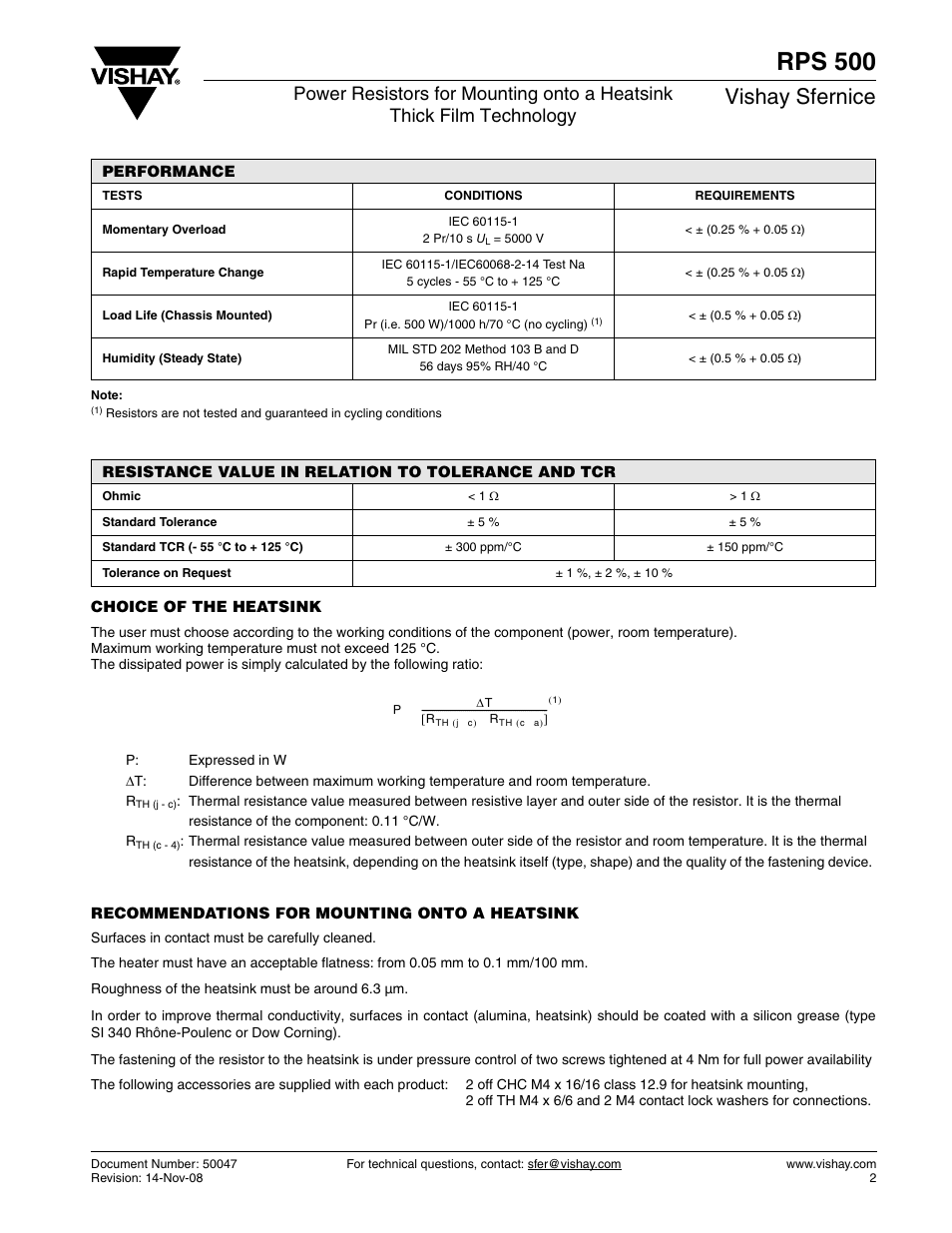 Rps 500, Vishay sfernice | C&H Technology RPS500 User Manual | Page 3 / 6