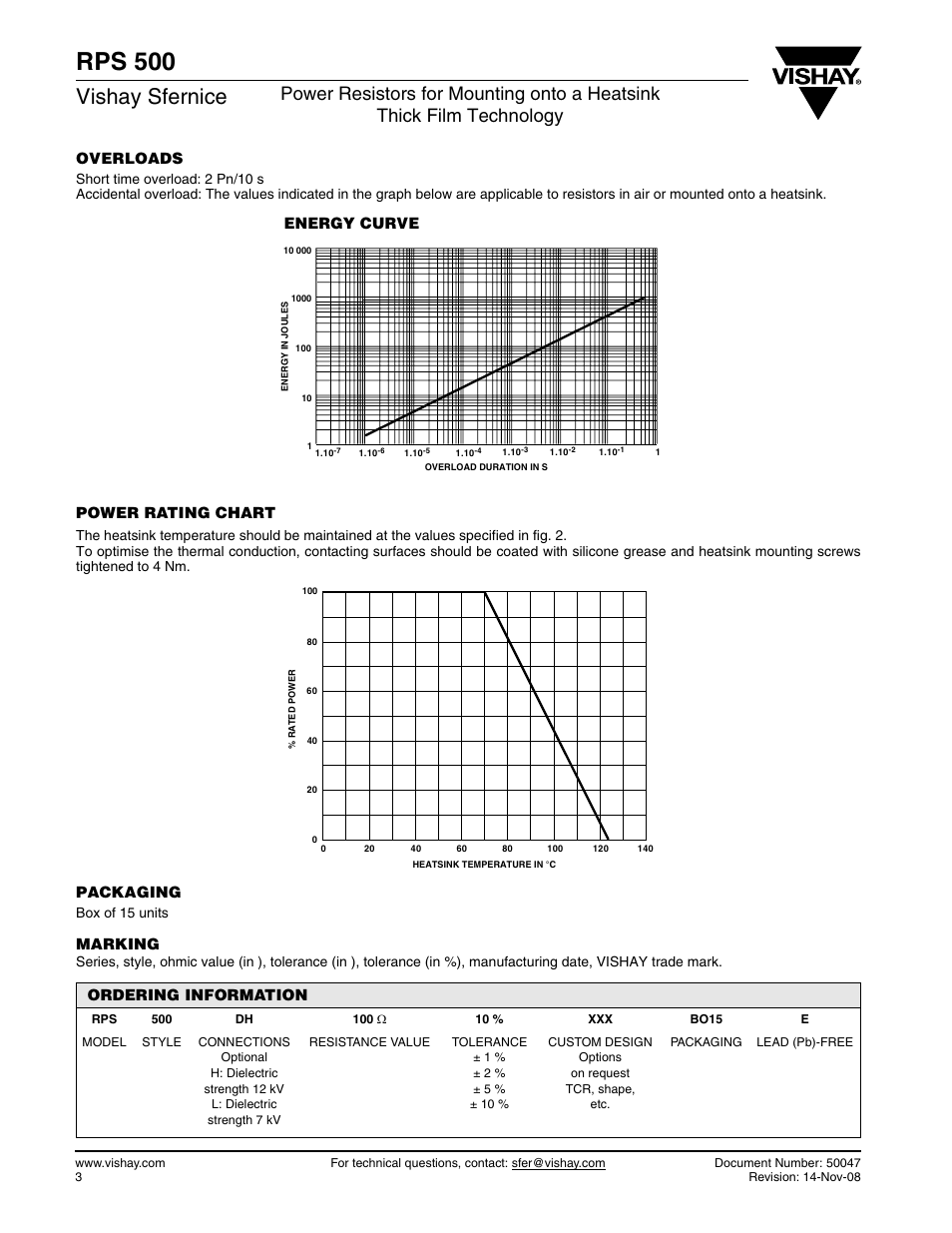 Rps 500, Vishay sfernice, Overloads | Power rating chart, Packaging, Marking, Ordering information, Energy curve | C&H Technology RPS500 User Manual | Page 4 / 6
