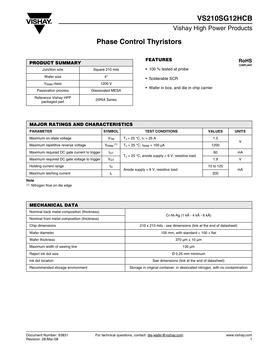 Vishay high power products, Rohs | C&H Technology VS210SG12HCB User Manual | Page 2 / 3