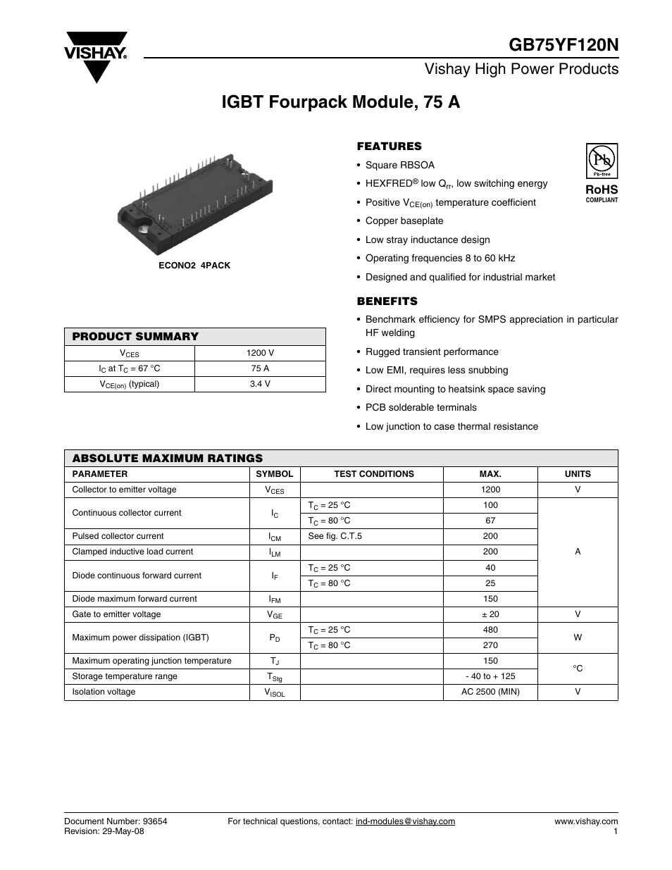 Datasheet, Vishay high power products, Rohs | C&H Technology GB75YF120N User Manual | Page 2 / 10