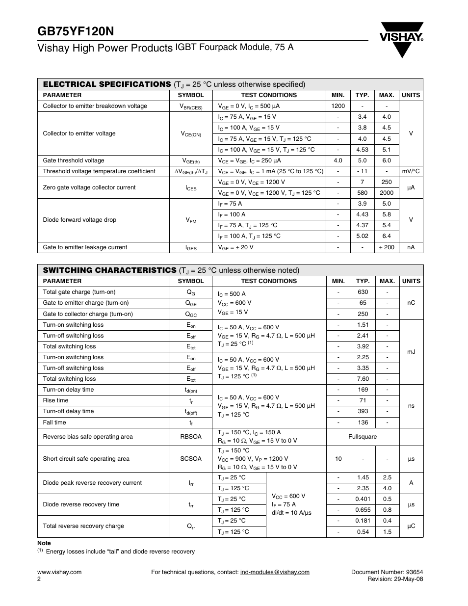 Vishay high power products, Igbt fourpack module, 75 a, Electrical specifications (t | 25 °c unless otherwise specified), Switching characteristics (t | C&H Technology GB75YF120N User Manual | Page 3 / 10